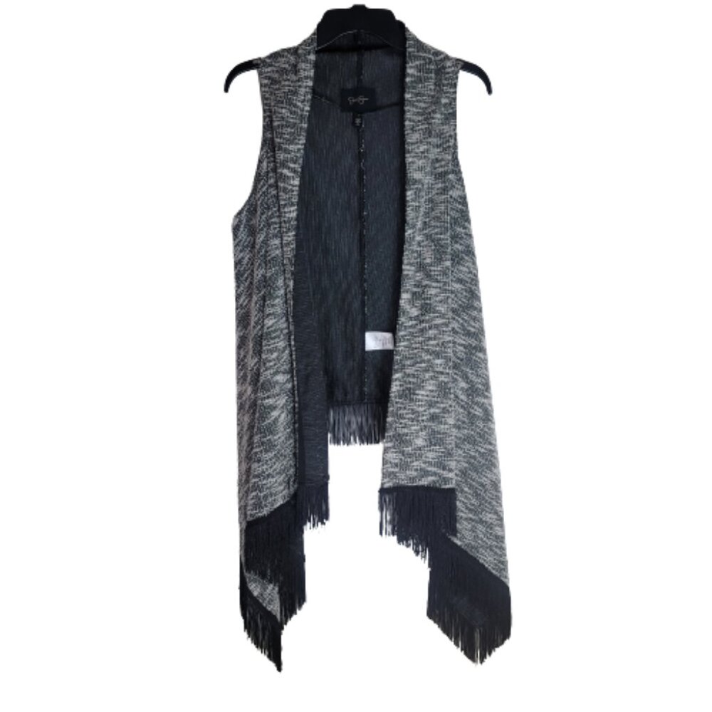 Jessica Simpson Fringe Vest Open Front Black White Boho Size Small